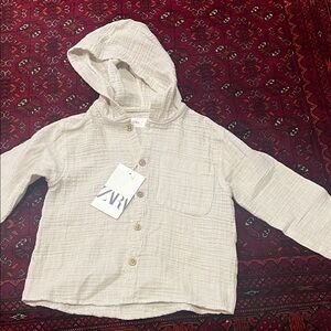 Zara Kids Beige Button-Up Hooded Shirt